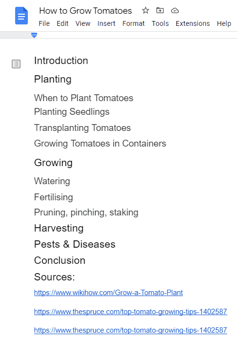 Create An Article Outline In Google Docs Article Outline In Google Docs How To Grow Tomatoes