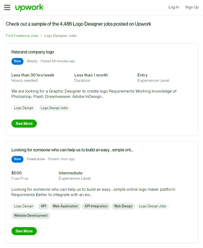 Upwork Freelancer Logo Design Jobs Upwork Platform Displaying Logo Design Job Postings, Including Details Like Job Titles, Experience Levels, And Budgets.