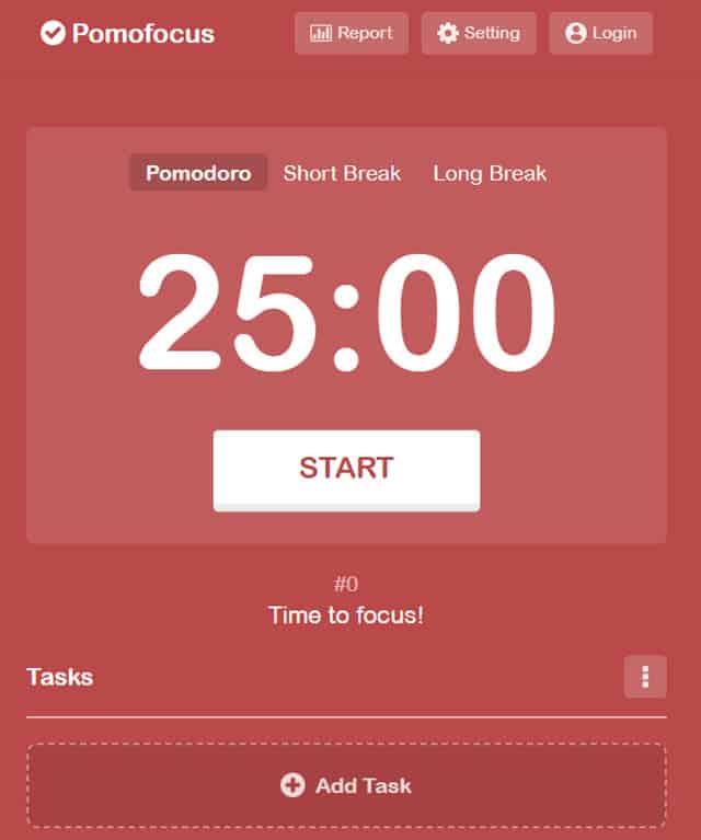 Pomodoro Pomofocus.io Pomofocus Web App Interface Displaying A 25-Minute Pomodoro Timer, With &Quot;Start&Quot; Button, Task List And Options For Report, Settings, And Login.