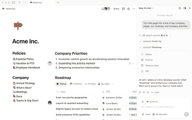 Notion Workspace Notion Workspace Dashboard For Acme Inc. Displaying Policies, Company Priorities, And A Roadmap With Task Assignments. A Sidebar Suggests Using Ai To Create A Company Hub.
