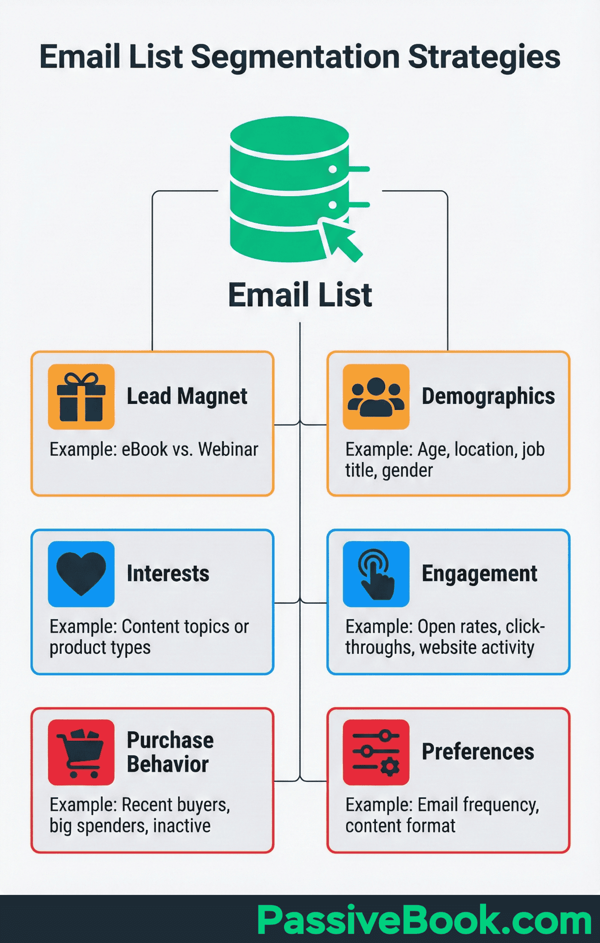 Email List Segmentation Strategies Email Segmentation Diagram Illustrating Customer Data Points: Lead Magnet, Interest, New Subscriber, Purchase Behavior, Preference, And Demographic, All Connected To A User Icon.
