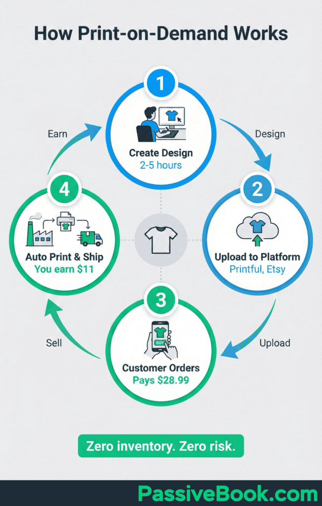 How Print On Demand Works Print On Demand Workflow Diagram: Upload Image, Place Image On Product, Customer Orders, Factory Prints And Ships To Customer.