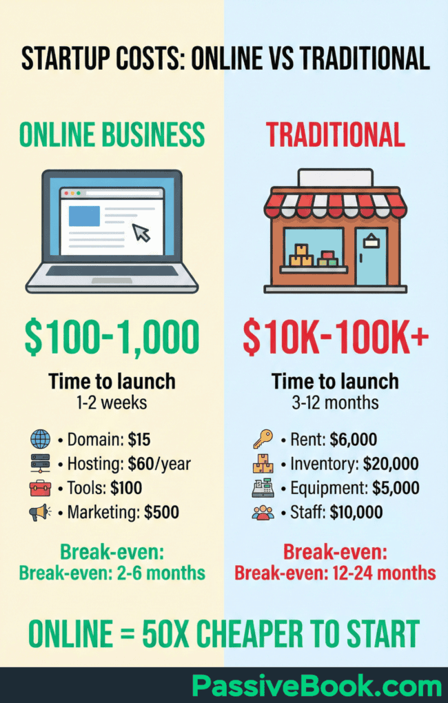 Startup Costs Online Vs Traditional Comparative Pie Charts Illustrating Business Costs: Traditional Business With Rent, Staffing, Marketing, And Hosting Expenses; Online Business With Hosting, Marketing, And Staffing Expenses.