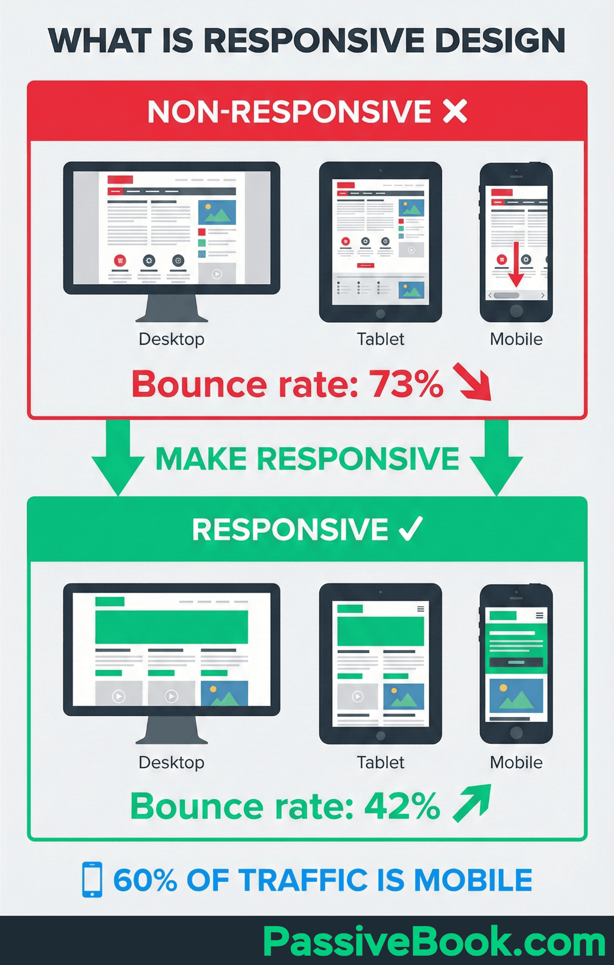 What Is Responsive Design A Diagram Illustrating Mobile Responsive Design, Showing A Website Layout On A Desktop Computer, Tablet, And Smartphone, Each Adapted For Different Screen Sizes. The Design Elements Include A Header, Content Area, And Footer, Displayed In Green And Dark Gray Rectangles.