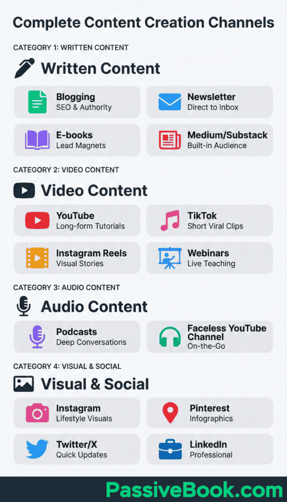 Content Creation Channels Infographic Outlining Content Creation Channels, Categorized By Written, Video, Audio, And Visual/Social Content Types. Each Category Features Various Platforms Such As Blogging, Youtube, Podcasts, Instagram, And Others, With Descriptions Of Their Common Uses.