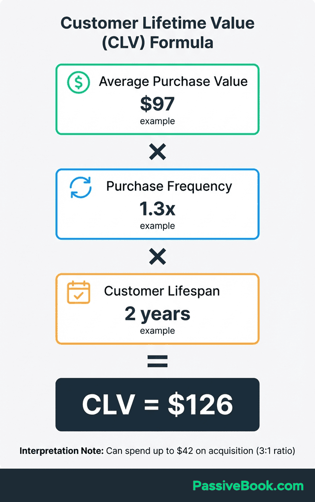 Customer Lifetime Value Calculation Visual Customer Lifetime Value (Clv) Formula Visual: Average Purchase Value Multiplied By Purchase Frequency, Multiplied By Customer Lifespan, Equals Clv. Example Uses Values Of $97, 1.3X, And 2 Years To Calculate A Clv Of $126.