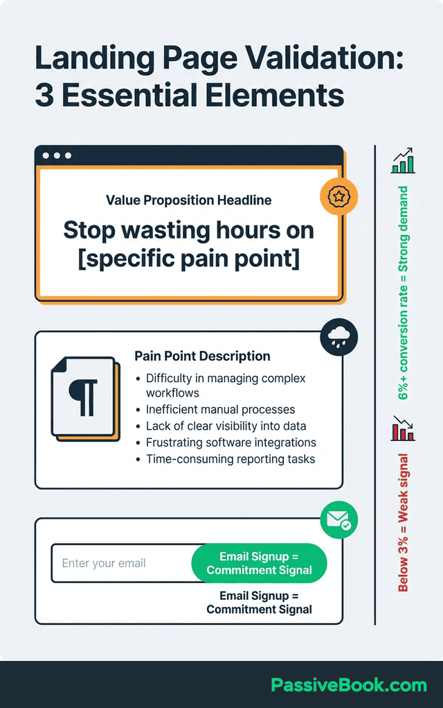 Landing Page Validation Three Essential Elements Landing Page Validation Infographic Outlining Three Essential Elements: Value Proposition Headline, Pain Point Description, And Email Signup, With Conversion Rate Signals On The Right.