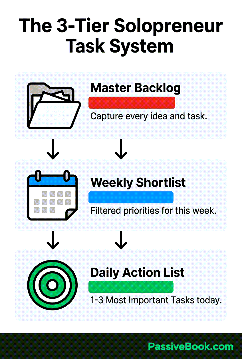 3 Tier Solopreneur Task System A Vertical Infographic Detailing The &Quot;3-Tier Solopreneur Task System&Quot;. The Graphic Features Three Stacked Layers Connected By Downward Arrows. The Top Layer Displays A Messy Folder Icon Labeled &Quot;Master Backlog&Quot; With The Text &Quot;Capture Every Idea And Task&Quot;. The Middle Layer Has A Calendar Icon Labeled &Quot;Weekly Shortlist&Quot; With The Text &Quot;Filtered Priorities For This Week&Quot;. The Bottom Layer Shows A Target Icon Labeled &Quot;Daily Action List&Quot; With The Text &Quot;1-3 Most Important Tasks Today.&Quot;