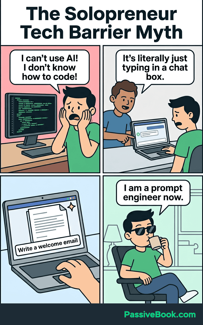 Solopreneur Tech Barrier Myth Comic Solopreneur Tech Barrier Myth Comic