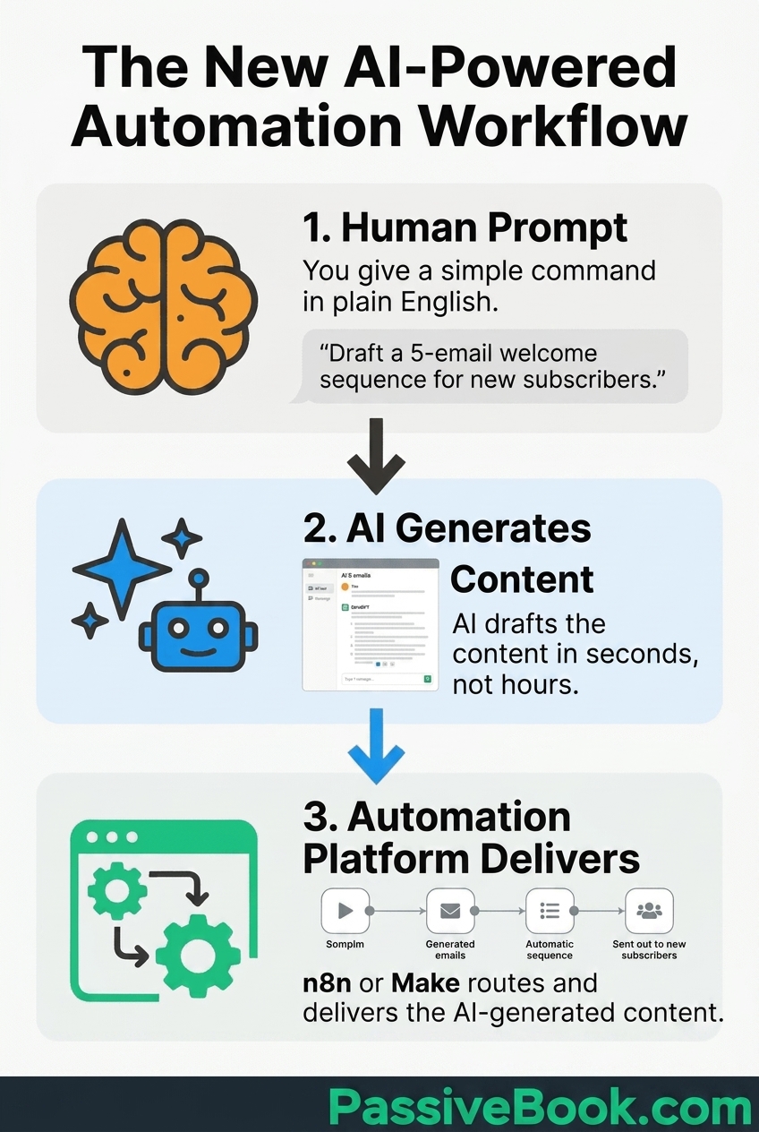 The New Ai Powered Automation Workflow Three-Step Workflow For Ai-Powered Automation: 1. Human Prompt (Brain Icon), 2. Ai Generates Content (Robot Icon And Screen Showing Ai Drafting Emails), 3. Automation Platform Delivers (Workflow Diagram Showing Steps From Sompim To Sending Emails).