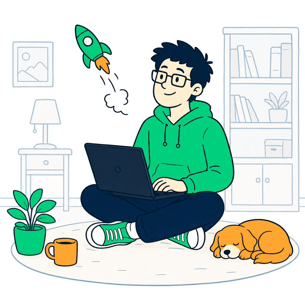 Pbfeed Hero Room V6 Founder Working On A Laptop On The Floor Of His Home As A Rocket Launches From The Screen, His Dog Asleep Beside Him