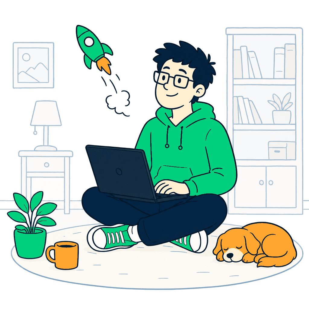 Pbhome Hero Room V6 Founder Working On A Laptop On The Floor Of His Home As A Rocket Launches From The Screen, His Dog Asleep Beside Him