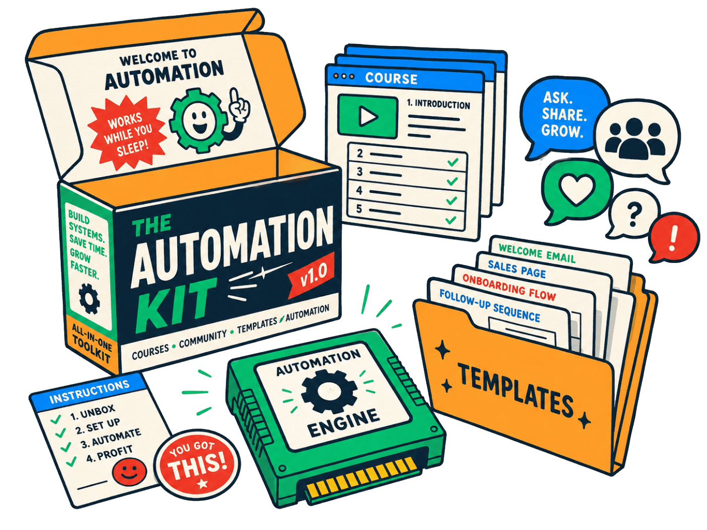 Pbpro Pro Kit The Automation Kit: Course, Community, Templates And The Automation Engine In A Retro Boxed-Product Flat-Lay