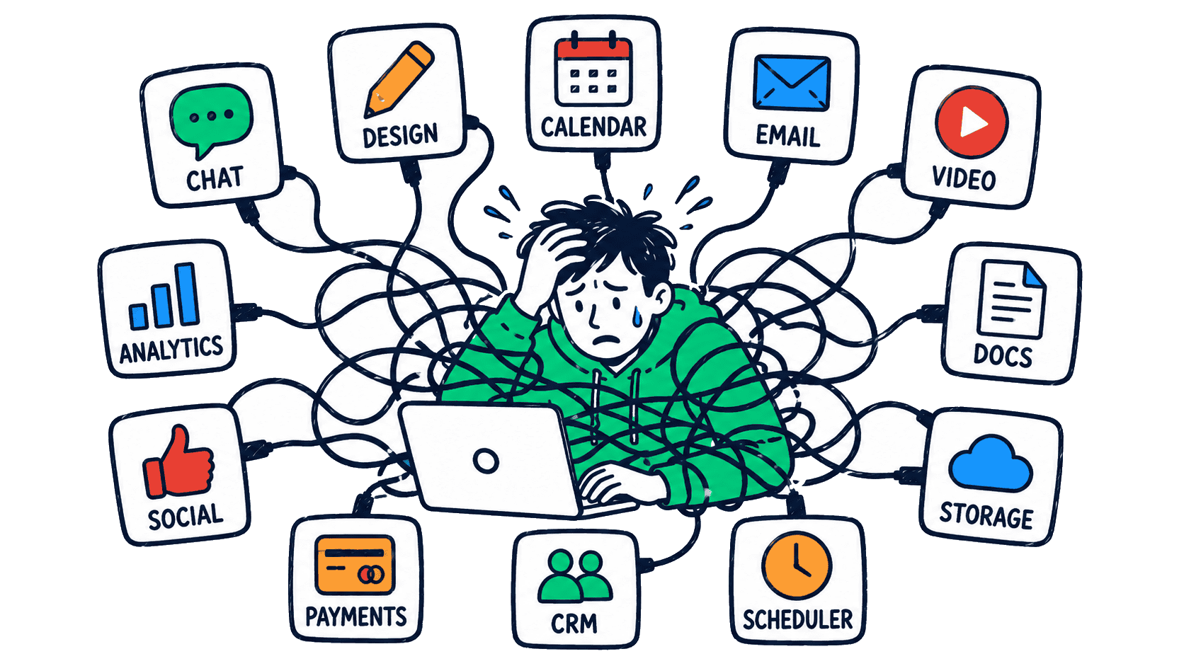 Pbpro Pro Lede A Solopreneur Overwhelmed By Fifteen Disconnected Tools All Wired Through Them