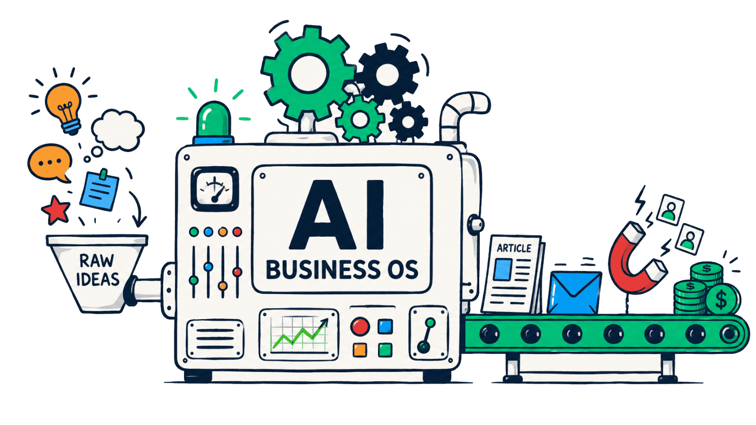 Pbpro Pro Os Diagram The Ai Business Os: A Connected Loop Of Content, Distribution, Leads, Email, Products And Optimization Driven By Gears